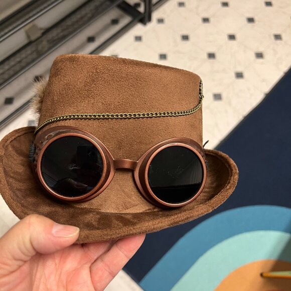 NWT Steampunk Top Hat Brown Suede With Goggles & Feathers Halloween Costume - Picture 8 of 8
